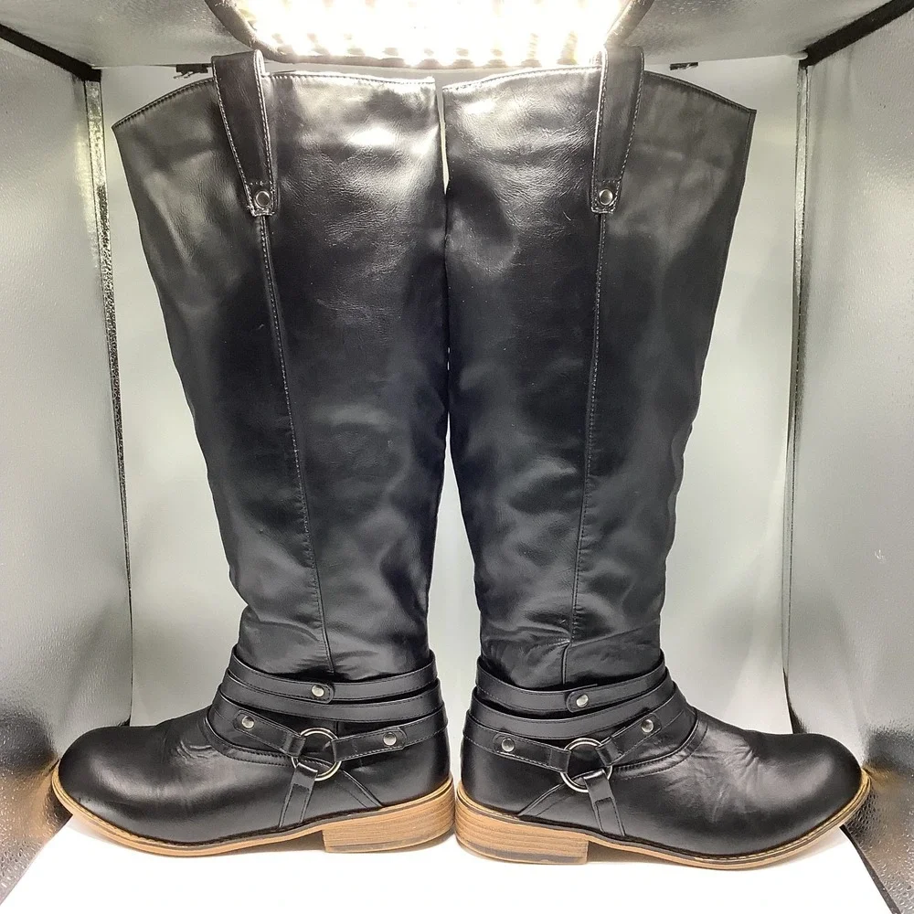 Women's Harness Pull Tabs Riding Boots Black Knee High 8.5‎